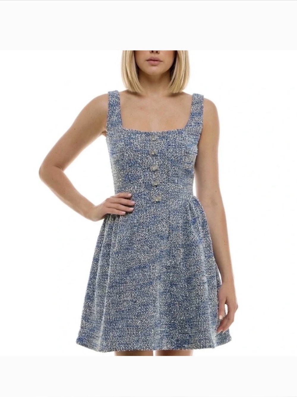 Blue and White Tweed Sleeveless A-Line Mini Dress